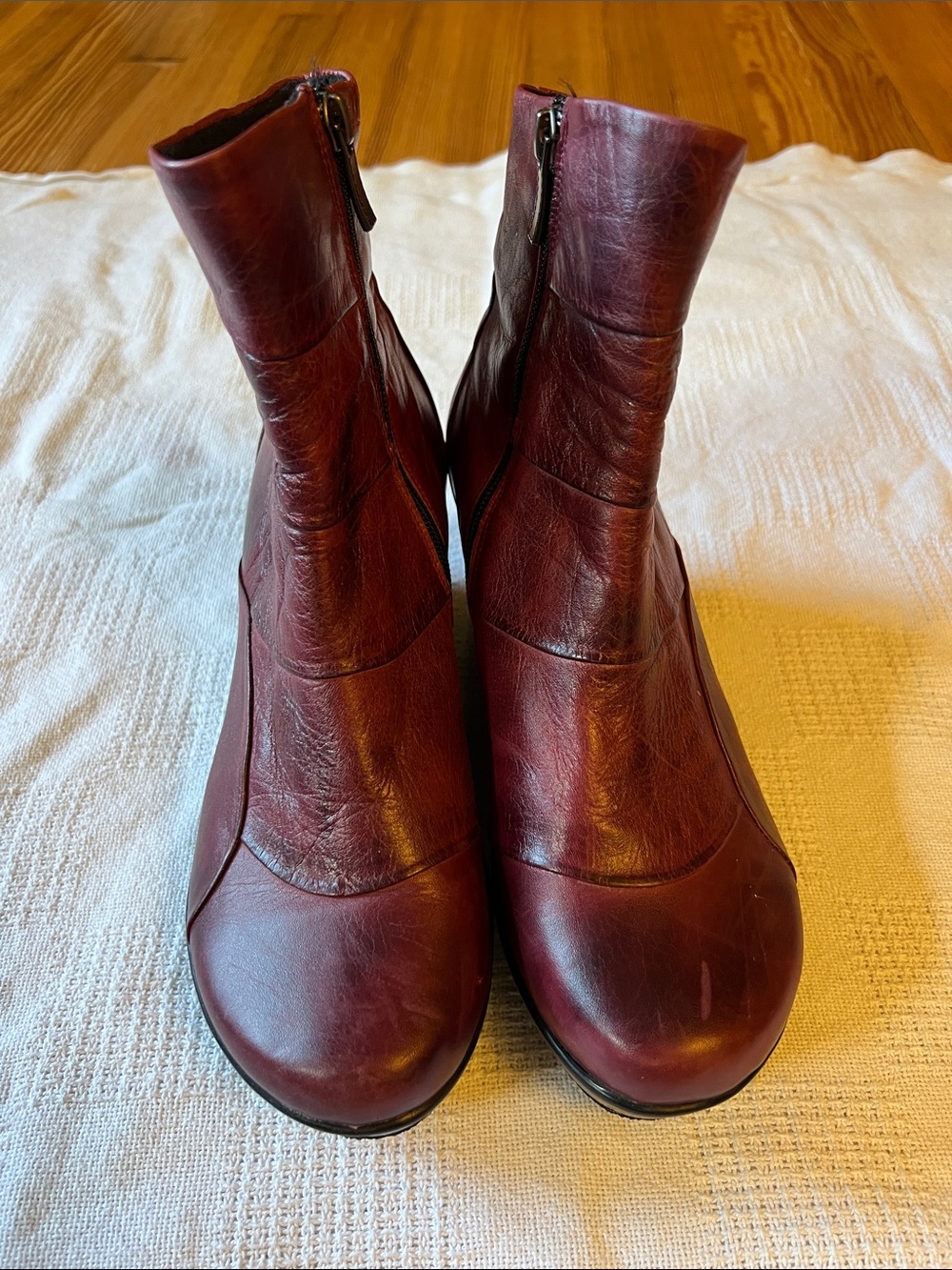 Maroon Leather Wedge Ankle Boots with Side Zippers - Picture 11 of 11